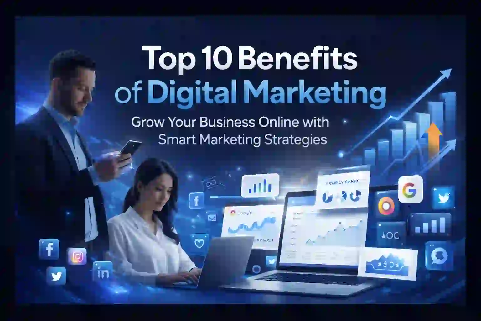 Top 10 Benefits of Digital Marketing for Businesses including online visibility, lead generation, customer engagement, brand awareness, and business growth.