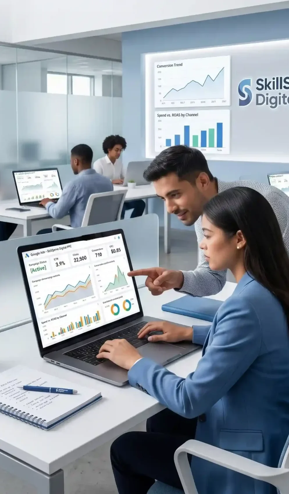 google ads course career opportunities professionals working on ppc campaigns in modern office environment